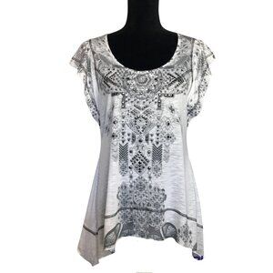 One World Embellished Hi-Lo Top in Black/White/Gray - Size Medium